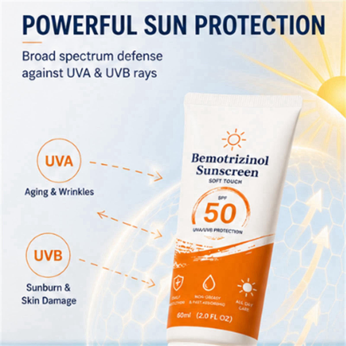 Bemotrizinol Sunscreen Sunscreen SPF 50, Face & Body Sun Care Lotion, Water & Sweat Resistant, Lightweight Invisible Fin