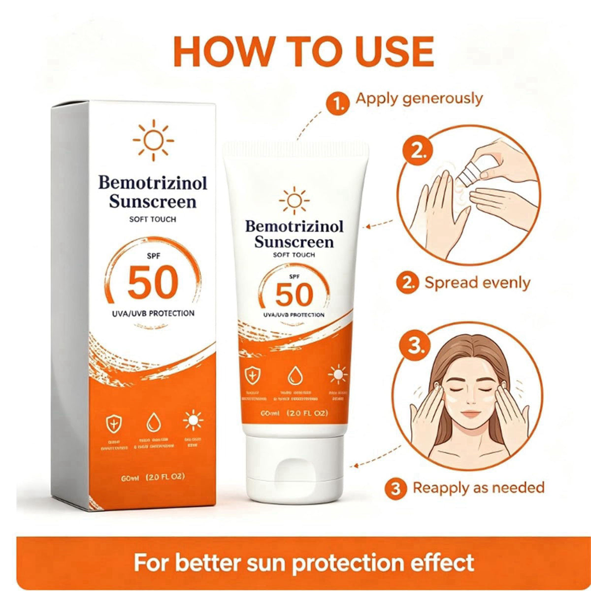 Bemotrizinol Sunscreen Sunscreen SPF 50, Face & Body Sun Care Lotion, Water & Sweat Resistant, Lightweight Invisible Fin