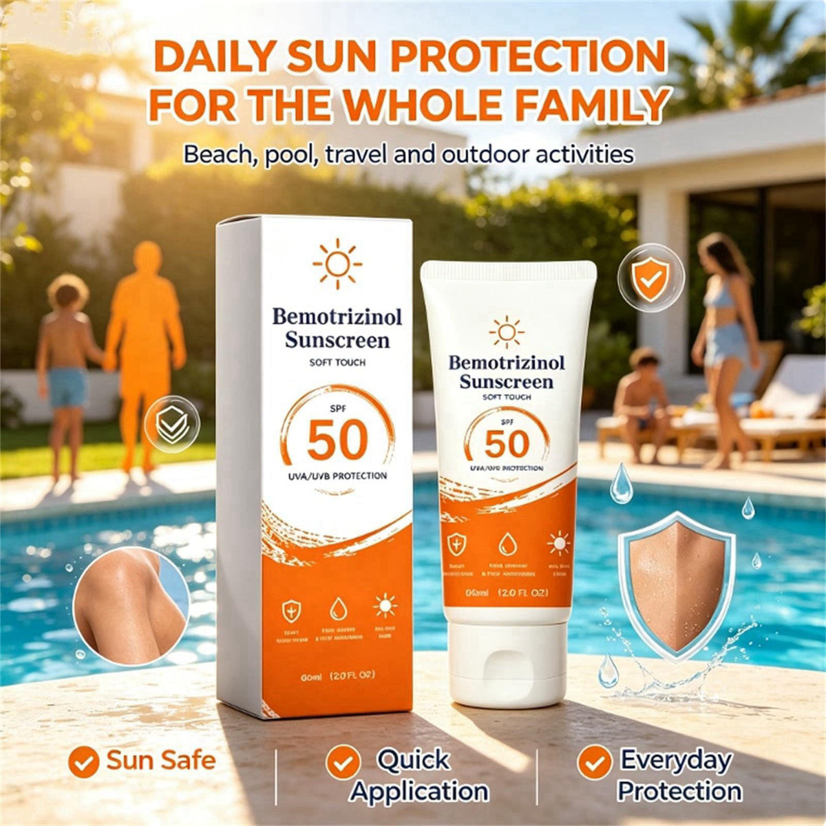 Bemotrizinol Sunscreen Sunscreen SPF 50, Face & Body Sun Care Lotion, Water & Sweat Resistant, Lightweight Invisible Fin