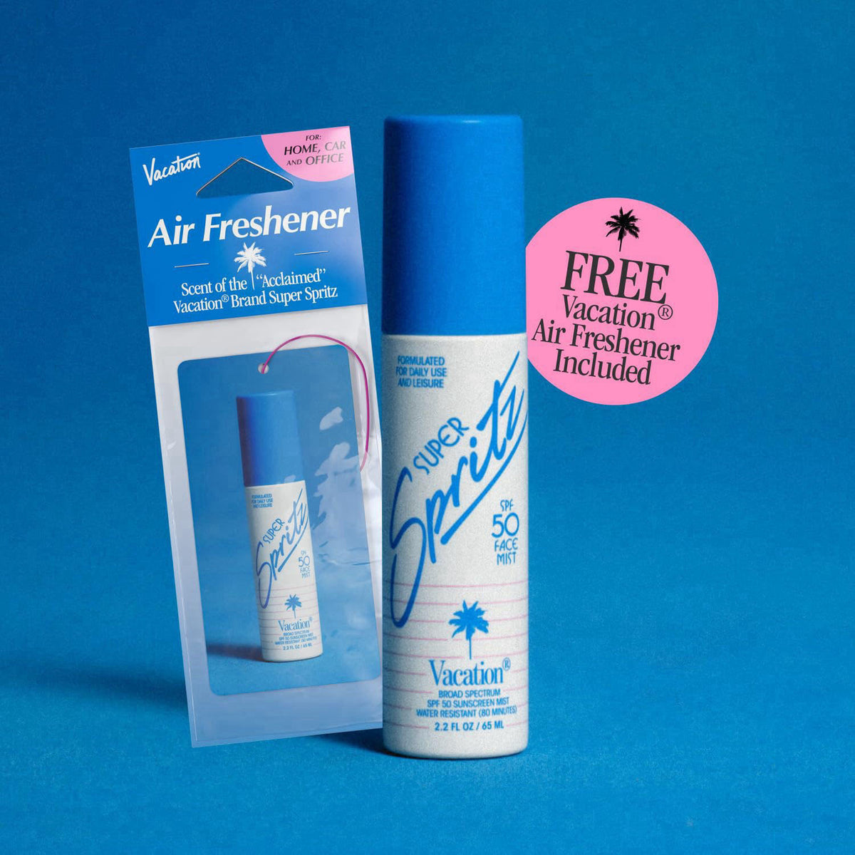 Vacation Super Spritz SPF 50 Face Sunscreen Spray and Air Freshener Bundle – back view and specifications