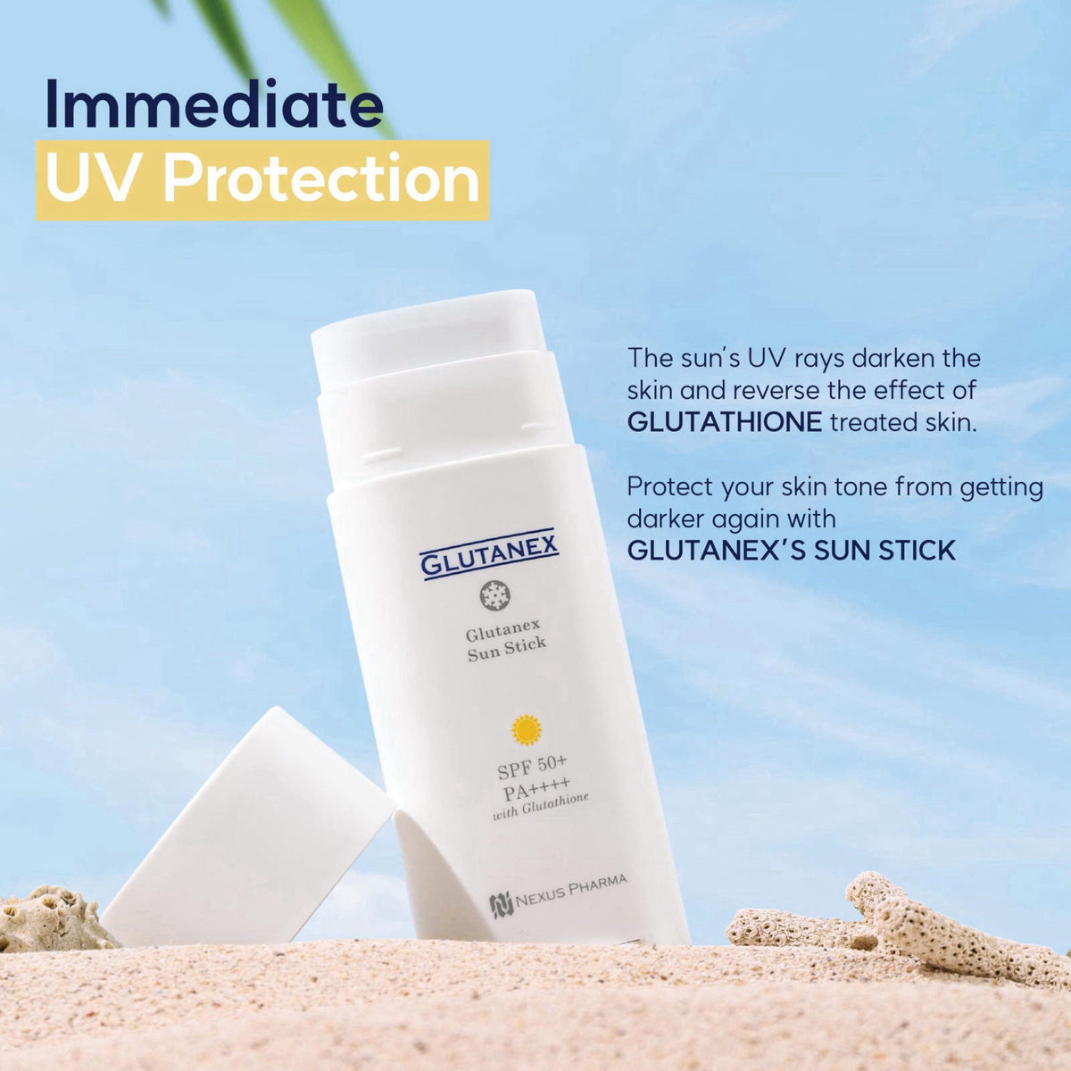 Glutanex Sun Stick SPF 50+ PA++++ 30g (1.05 oz) - UV Protection with Glutathione, Non-Sticky, Natural and Mild Matte Fin