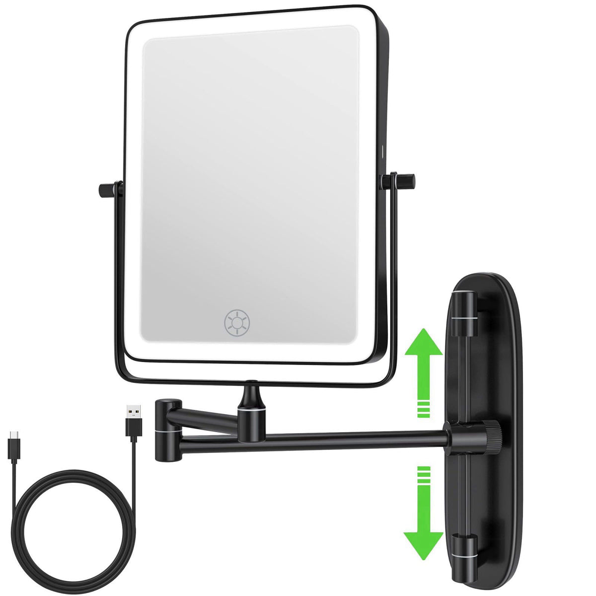 QiMH Wall Mounted Lighted Makeup Mirror, Rectangle Double Sided 1X/10X Magnifying Bathroom Height Adjustable, Rechargeab