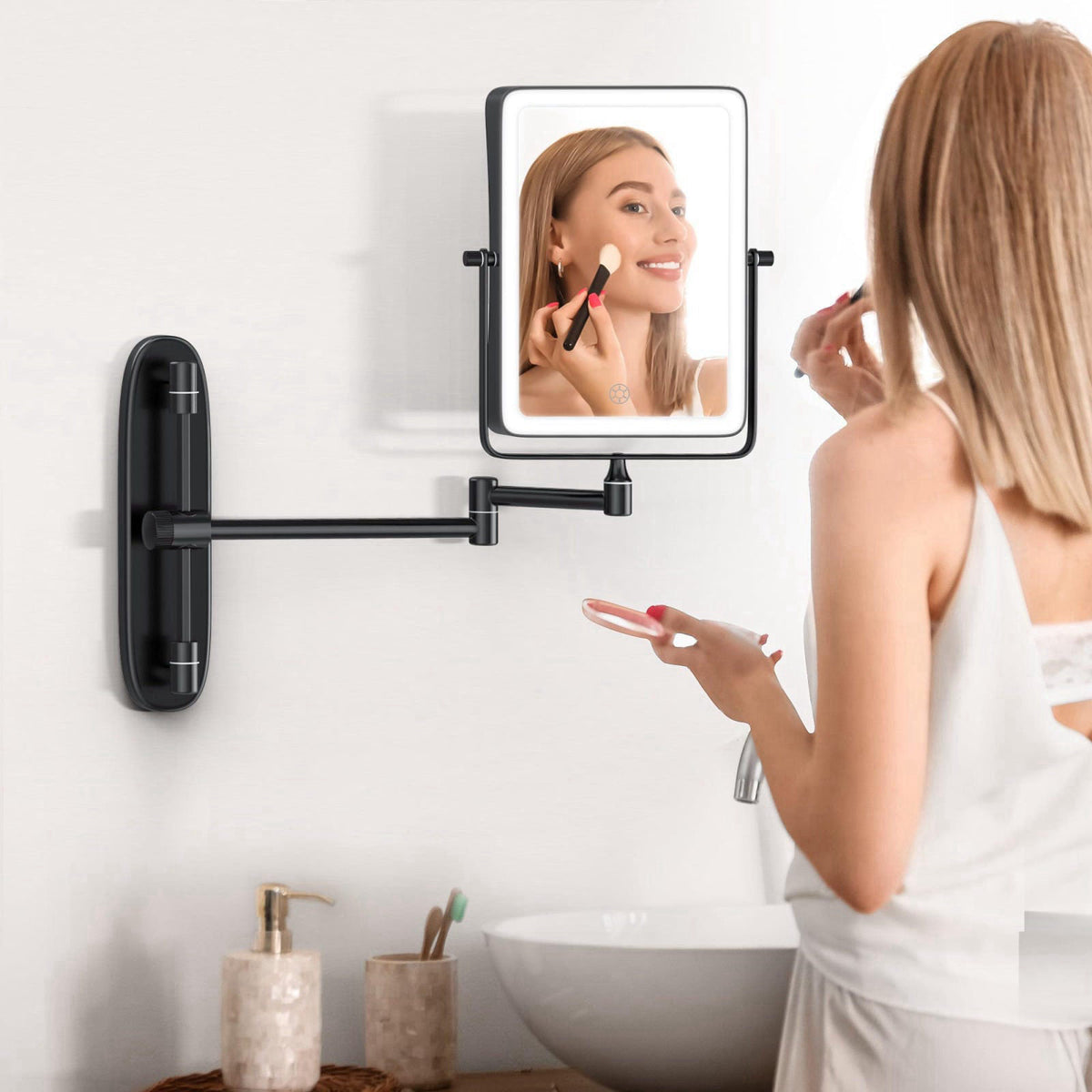 QiMH Wall Mounted Lighted Makeup Mirror, Rectangle Double Sided 1X/10X Magnifying Bathroom Height Adjustable, Rechargeab