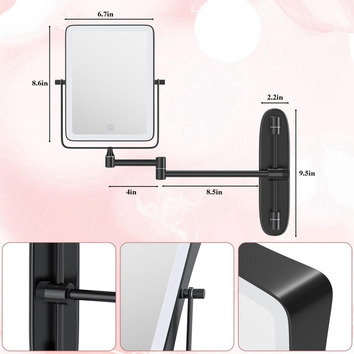QiMH Wall Mounted Lighted Makeup Mirror, Rectangle Double Sided 1X/10X Magnifying Bathroom Height Adjustable, Rechargeab