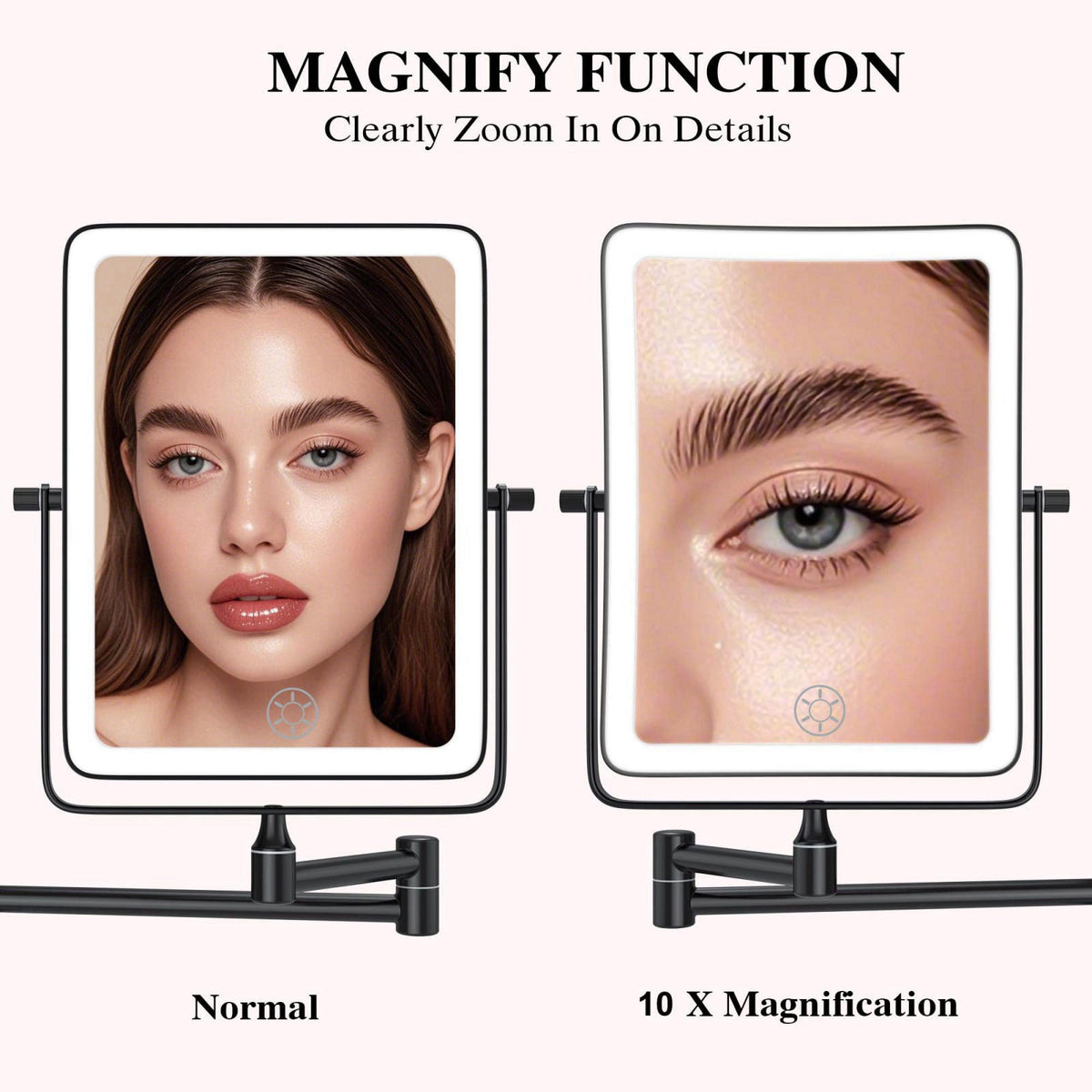 QiMH Wall Mounted Lighted Makeup Mirror, Rectangle Double Sided 1X/10X Magnifying Bathroom Height Adjustable, Rechargeab