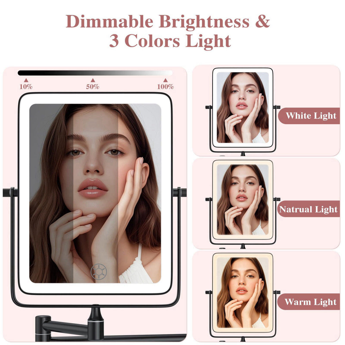 QiMH Wall Mounted Lighted Makeup Mirror, Rectangle Double Sided 1X/10X Magnifying Bathroom Height Adjustable, Rechargeab