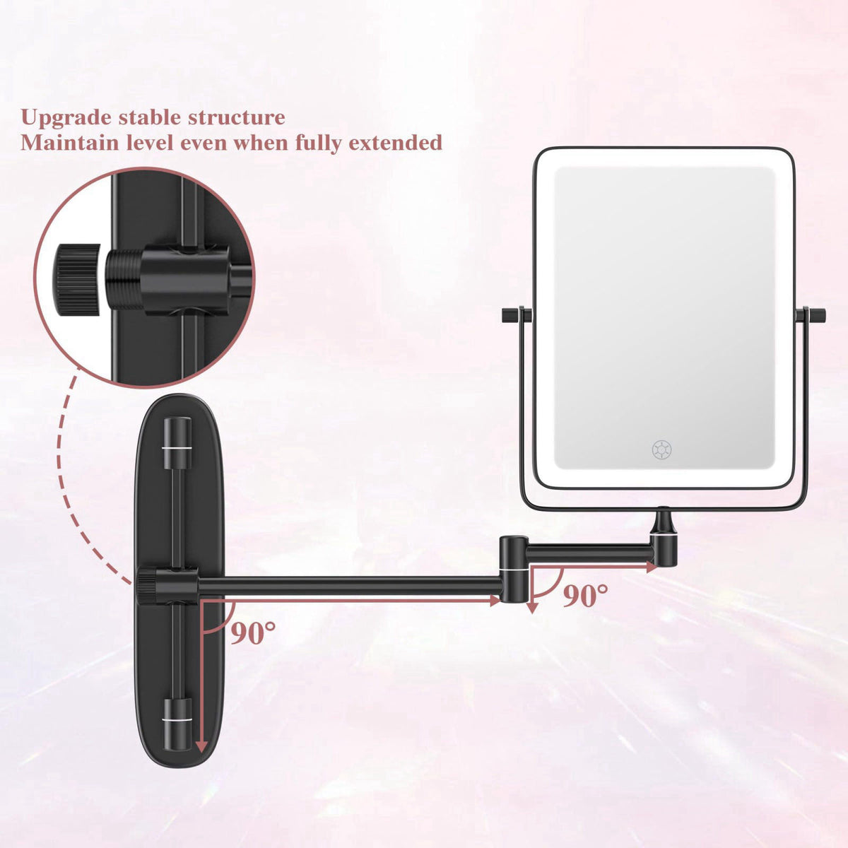 QiMH Wall Mounted Lighted Makeup Mirror, Rectangle Double Sided 1X/10X Magnifying Bathroom Height Adjustable, Rechargeab