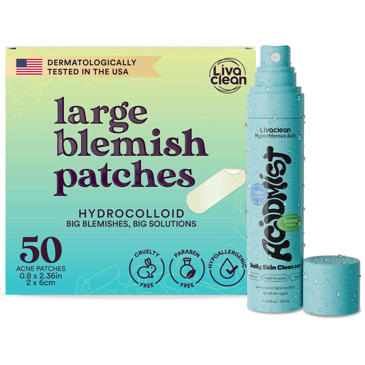 Livaclean 50 CT Large Hydrocolloid Acne Patches & Hypochlorous Acid Spray for Face & Body – product photo (Pore Cleansin