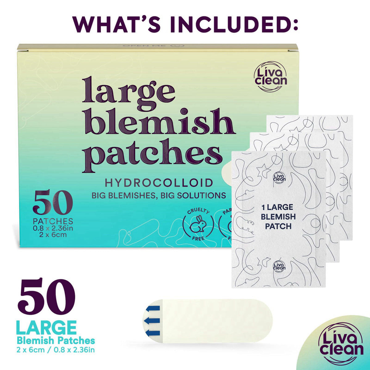 Livaclean 50 CT Large Hydrocolloid Acne Patches & Hypochlorous Acid Spray for Face & Body – close-up detail