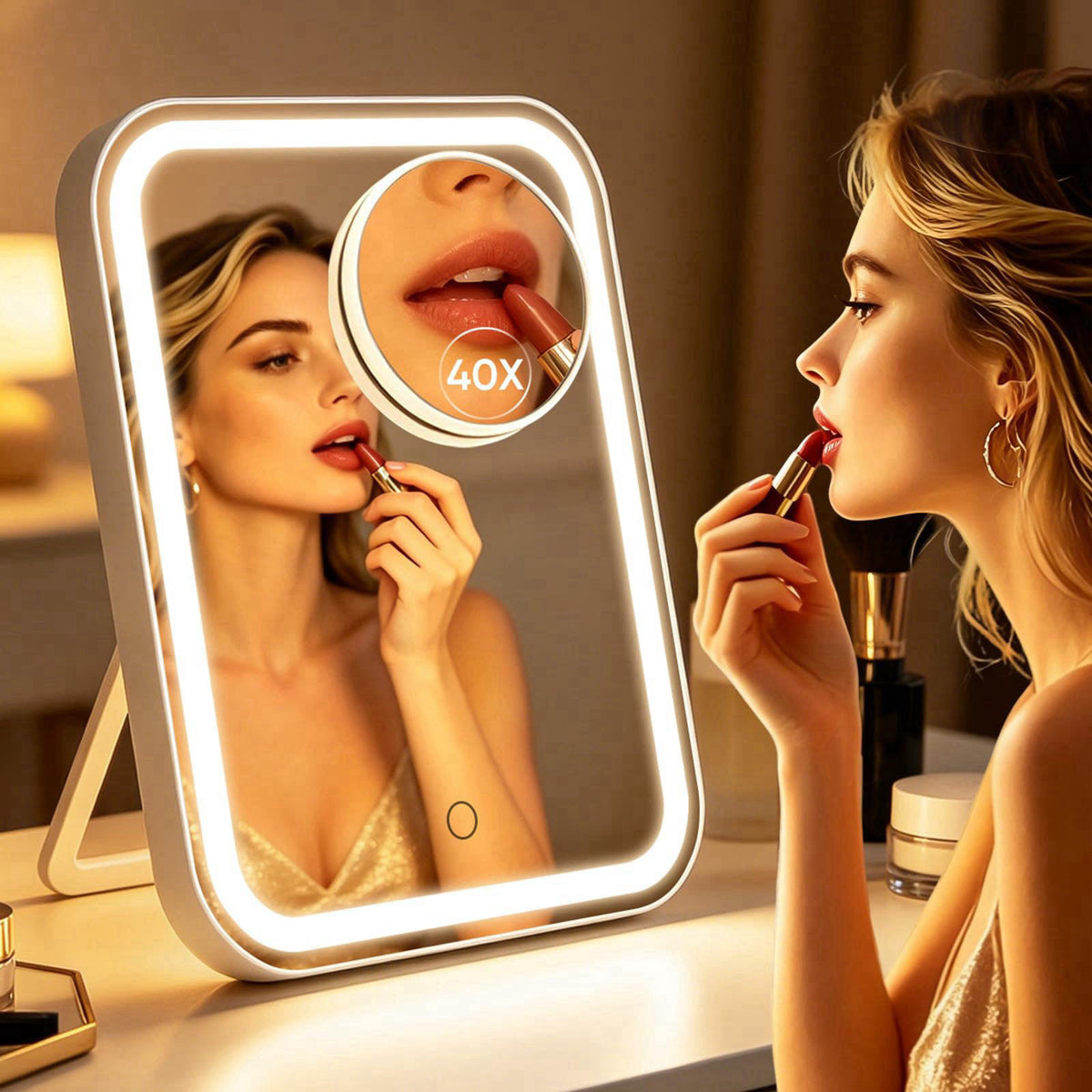 FUNTOUCH 5000mAh Large Lighted Vanity Makeup Mirror + 40X Small Magnifier – White B, Stainless Steel