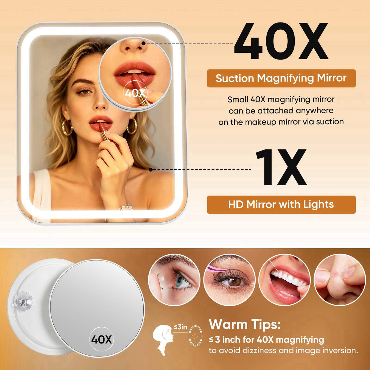 FUNTOUCH 5000mAh Large Lighted Vanity Makeup Mirror + 40X Small Magnifier – back view and specifications