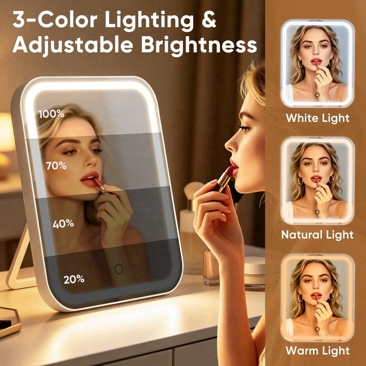 FUNTOUCH 5000mAh Large Lighted Vanity Makeup Mirror + 40X Small Magnifier – alternate angle