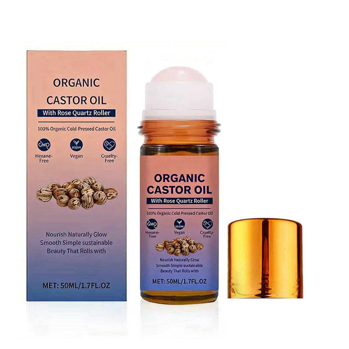 HTBGAA Organic Castor Oil Roll On with Rose Quartz Roller, 100% Castor Oil Organic Cold Pressed, Hexane-Free, for Face a