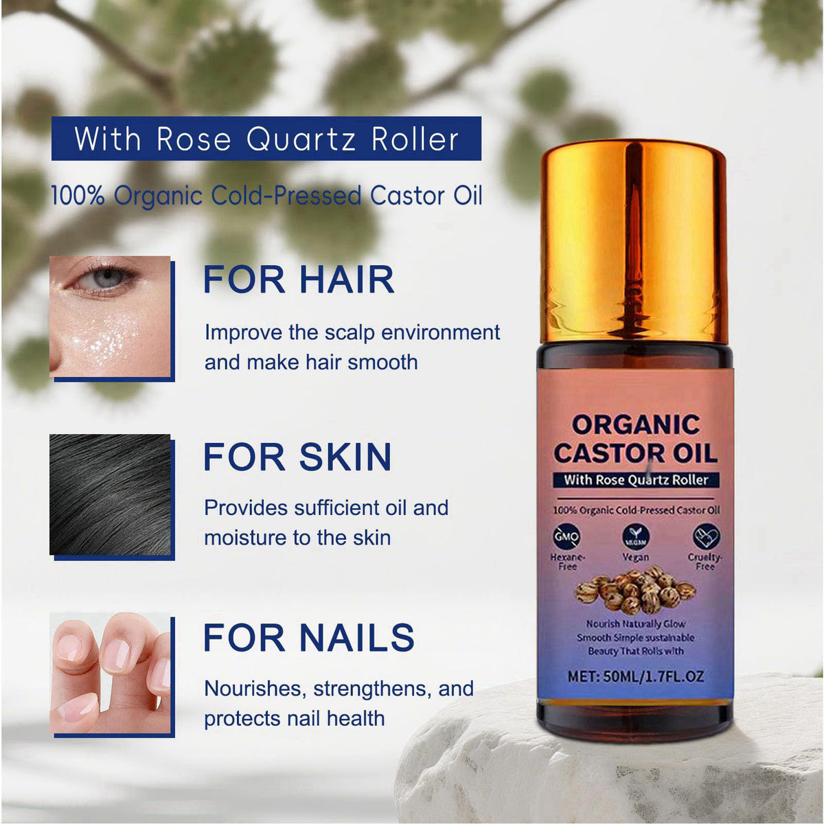 HTBGAA Organic Castor Oil Roll On with Rose Quartz Roller, 100% Castor Oil Organic Cold Pressed, Hexane-Free, for Face a