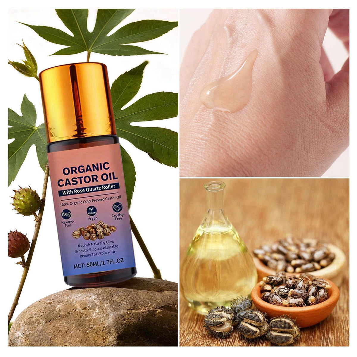 HTBGAA Organic Castor Oil Roll On with Rose Quartz Roller, 100% Castor Oil Organic Cold Pressed, Hexane-Free, for Face a