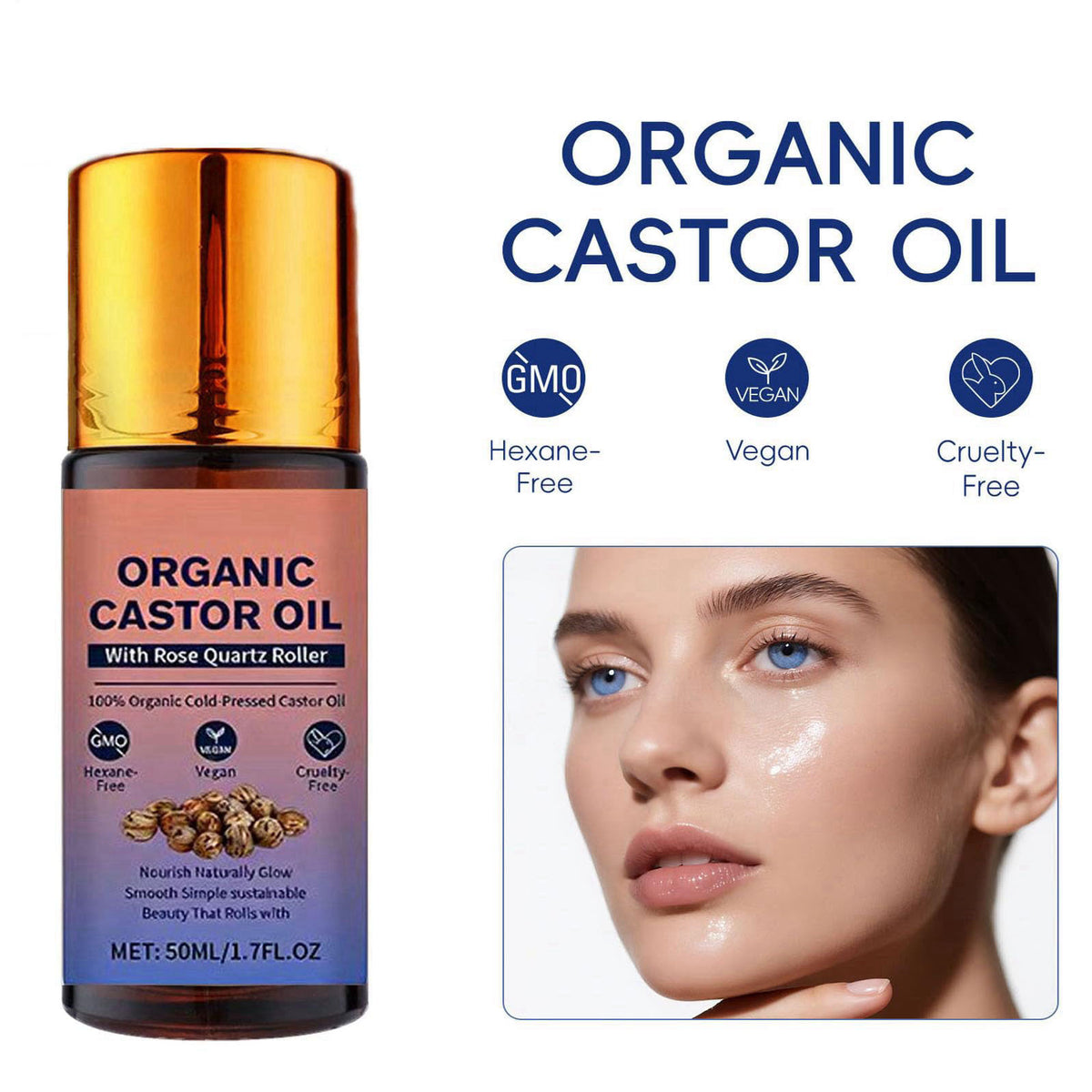 HTBGAA Organic Castor Oil Roll On with Rose Quartz Roller, 100% Castor Oil Organic Cold Pressed, Hexane-Free, for Face a