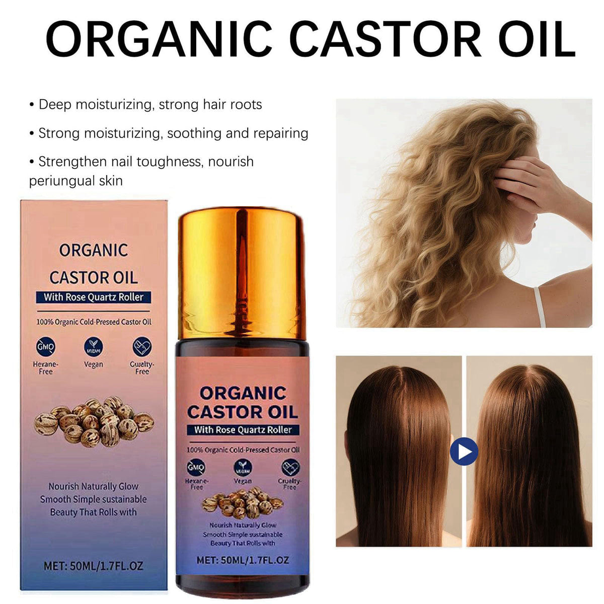 HTBGAA Organic Castor Oil Roll On with Rose Quartz Roller, 100% Castor Oil Organic Cold Pressed, Hexane-Free, for Face a