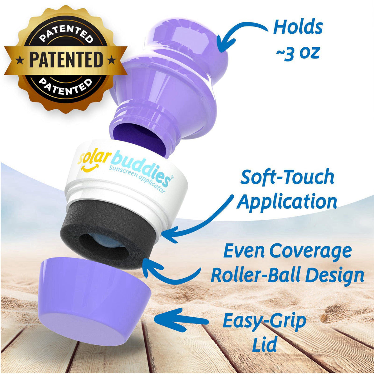 Solar Buddies Grab & Go Travel Bundle, Carabina Clip & Cleaning Brush - Single Full Purple - Refillable Roll on Sponge S