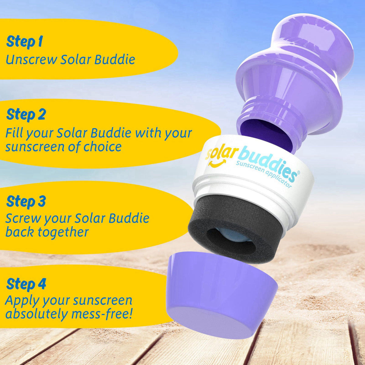 Solar Buddies Grab & Go Travel Bundle, Carabina Clip & Cleaning Brush - Single Full Purple - Refillable Roll on Sponge S