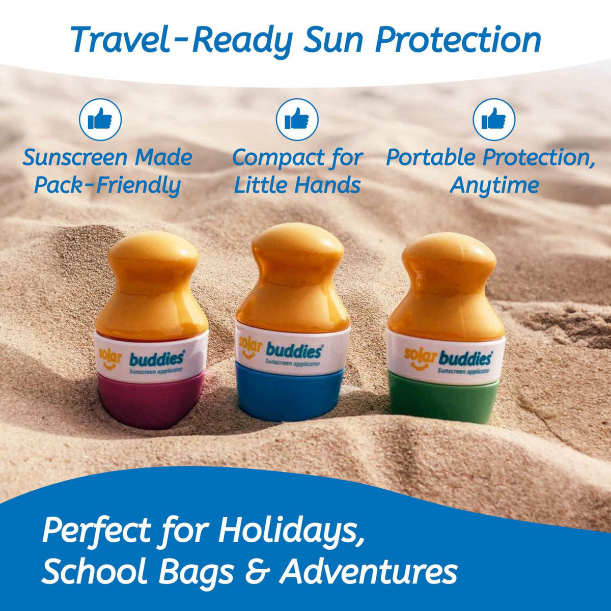 Solar Buddies Grab & Go Travel Bundle, Carabina Clip & Cleaning Brush - Single Full Purple - Refillable Roll on Sponge S