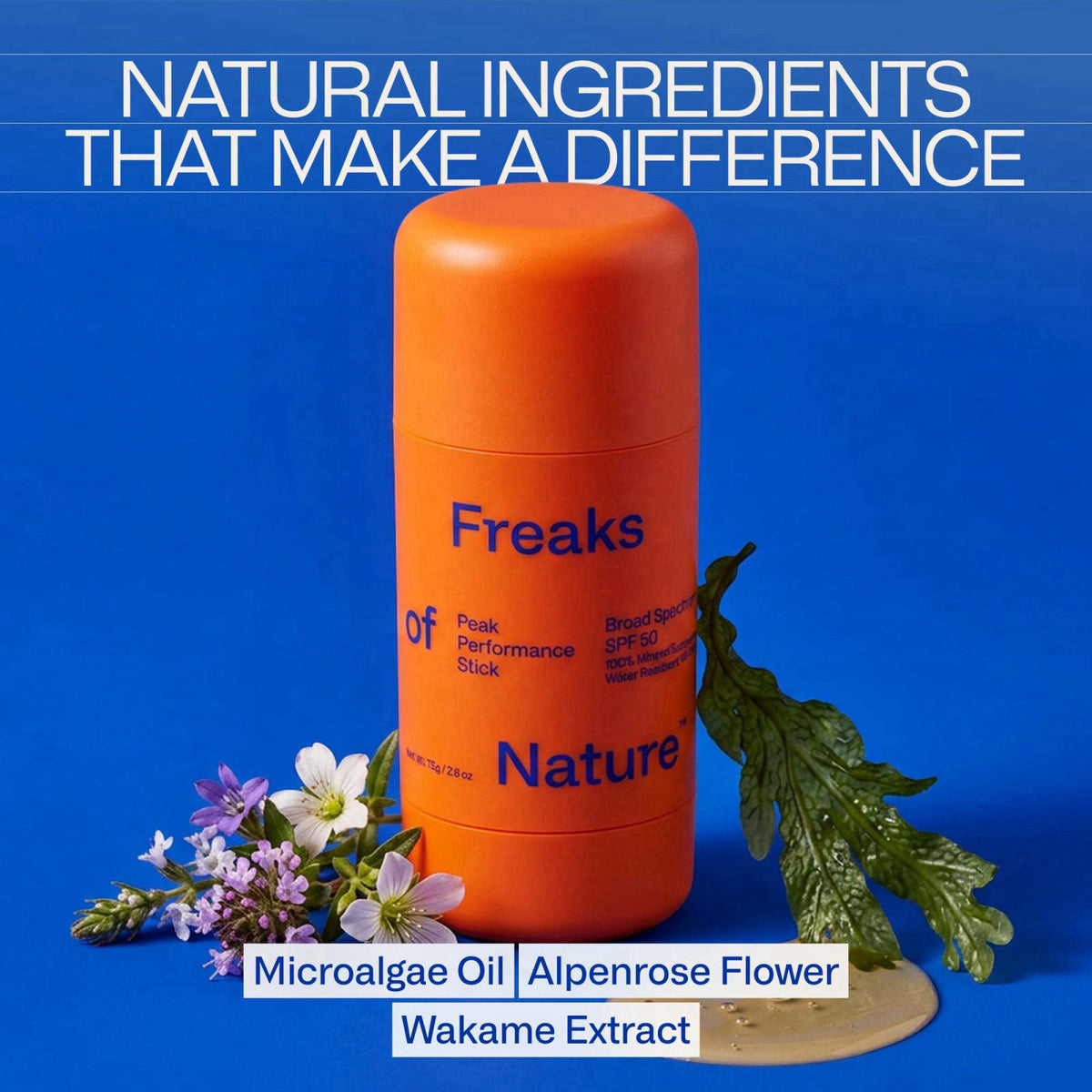 Freaks of Nature Peak Performance Sun Stick SPF 50, Face Sunscreen, 0.7oz – back view and specifications