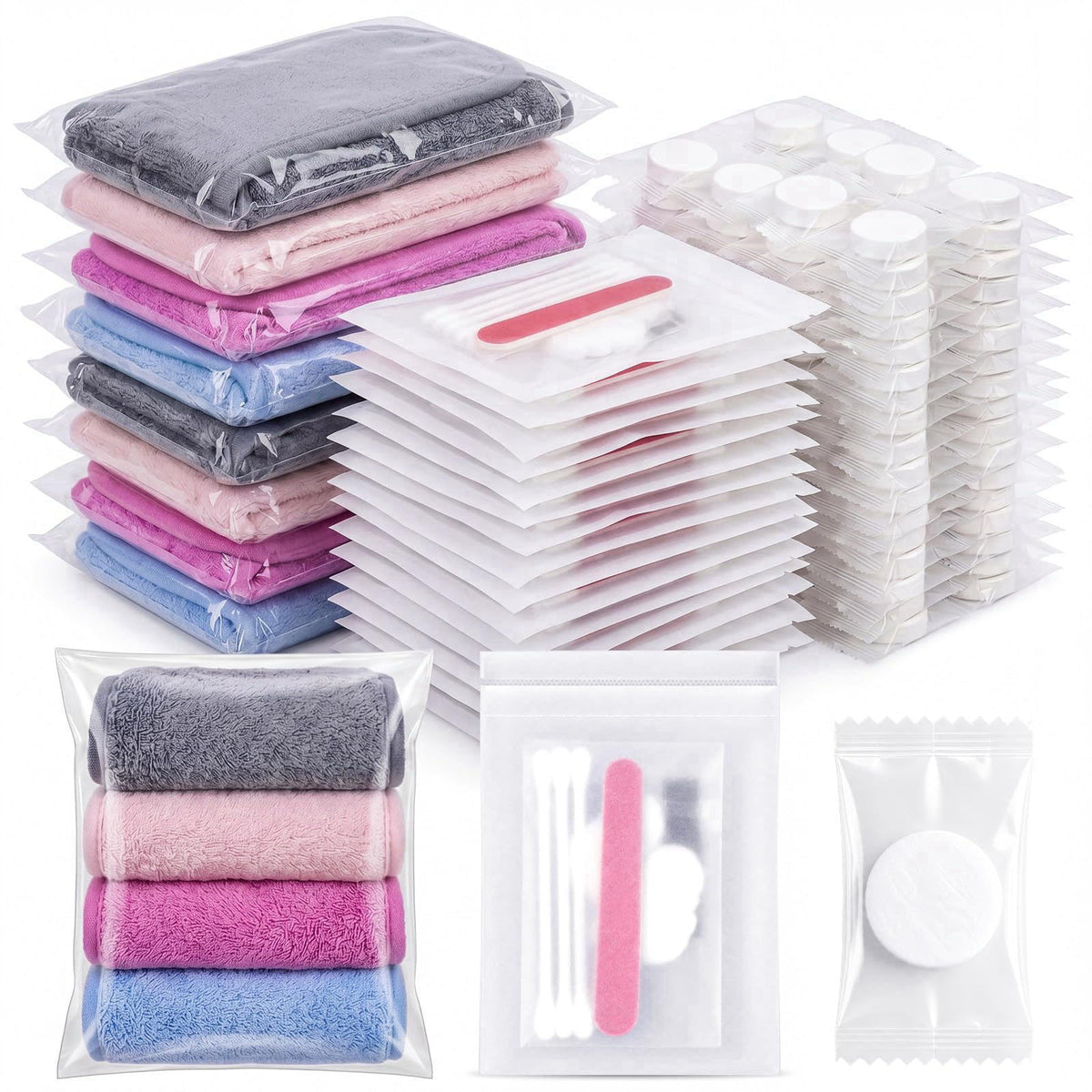 CrystalSylara 150 Pcs Travel Women Beauty Care Kit Bulk with Cotton Swab Nail File Vanity Pack Compressed Towel Makeup R