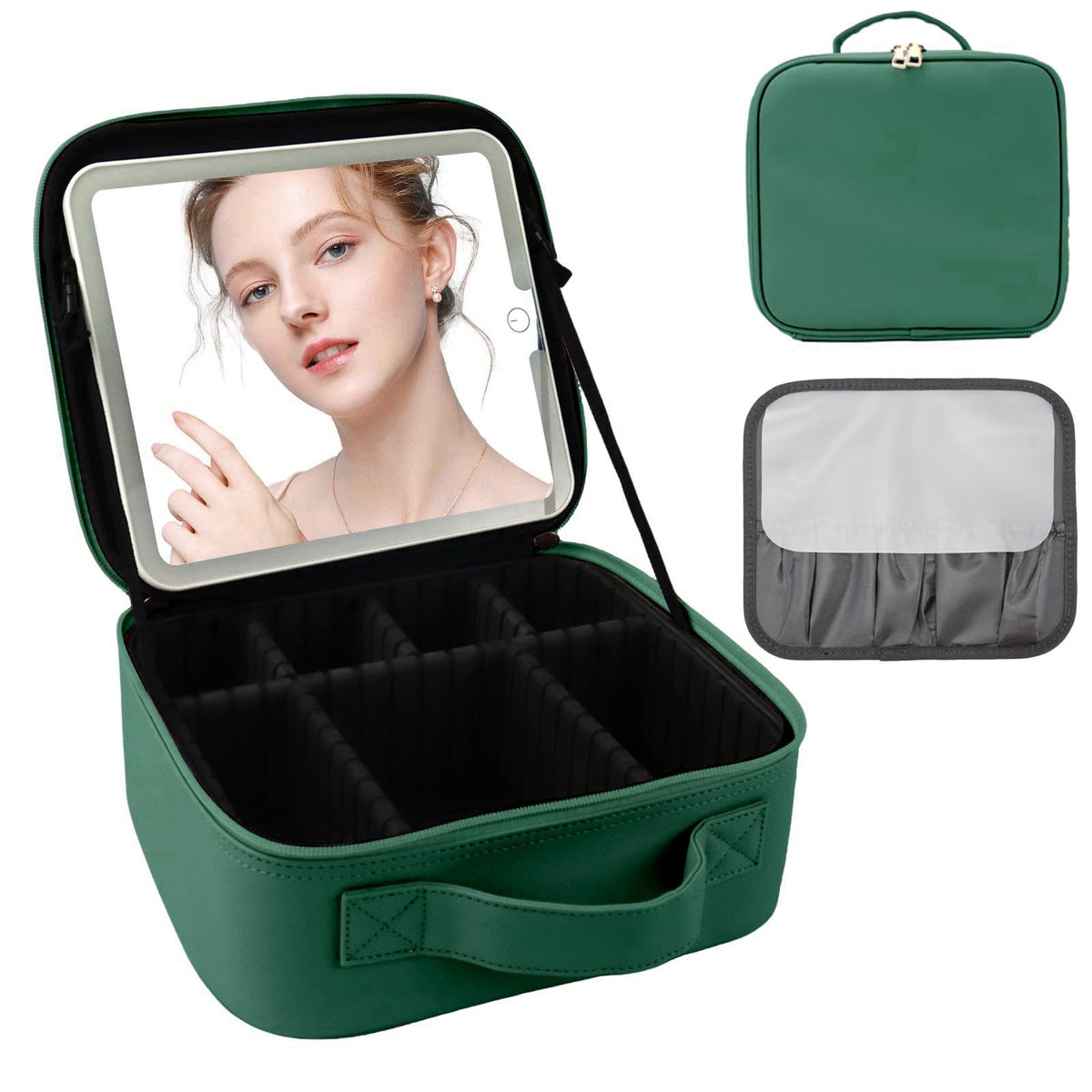 SUILU Makeup Bag with Mirror,Portability Cosmetic Case Portable Cosmetic Brush Organizer Bag with Adjustable Dividers,Gi