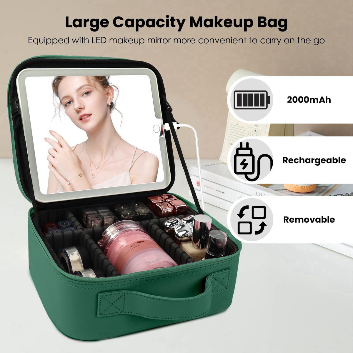 SUILU Makeup Bag with Mirror,Portability Cosmetic Case Portable Cosmetic Brush Organizer Bag with Adjustable Dividers,Gi