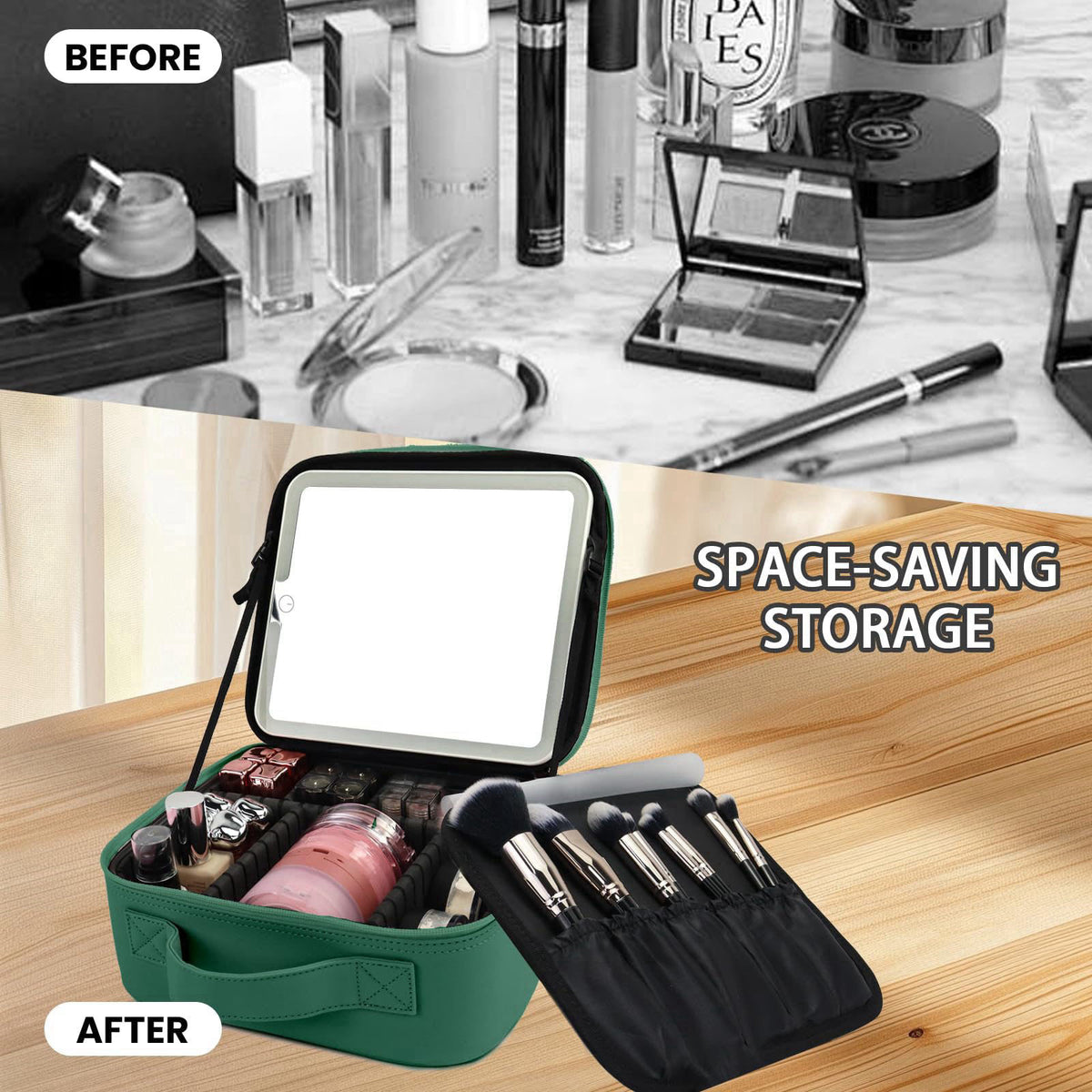 SUILU Makeup Bag with Mirror,Portability Cosmetic Case Portable Cosmetic Brush Organizer Bag with Adjustable Dividers,Gi