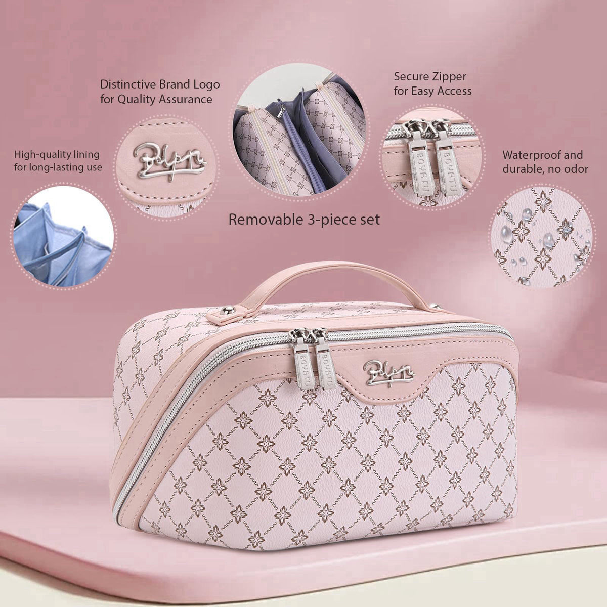 BOYATU Travel Makeup Bag Cosmetic Bags for Women: 3-Piece Makeup Bag Set – close-up detail in A-3-Pink