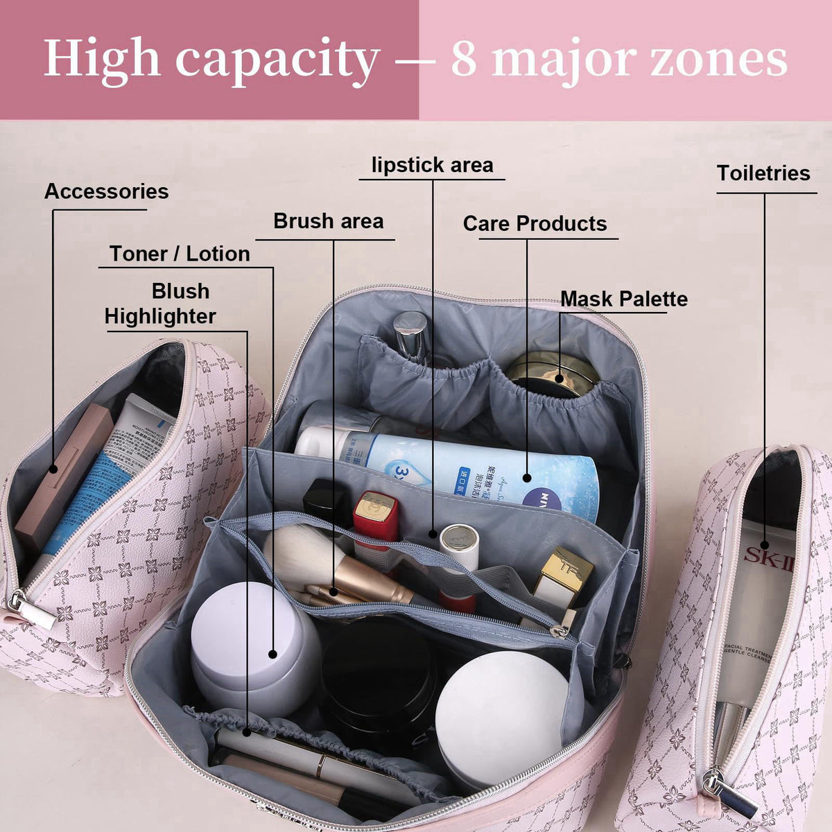BOYATU Travel Makeup Bag Cosmetic Bags for Women: 3-Piece Makeup Bag Set – back view and specifications