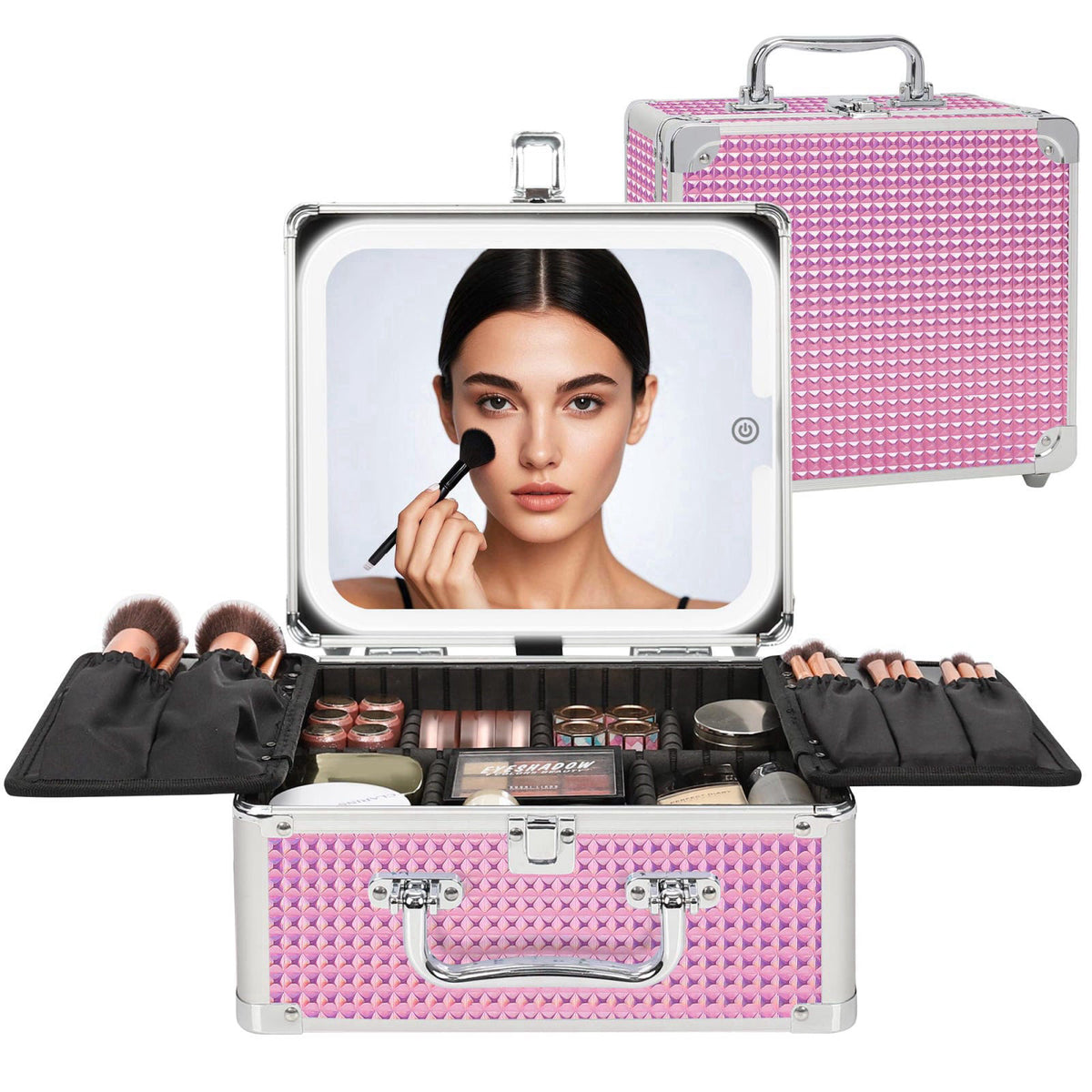 Relavel Makeup Bag with LED Mirror, Makeup Box Travel Train Case with Rechargeable Lighted Mirror, Cosmetic Brush Organi