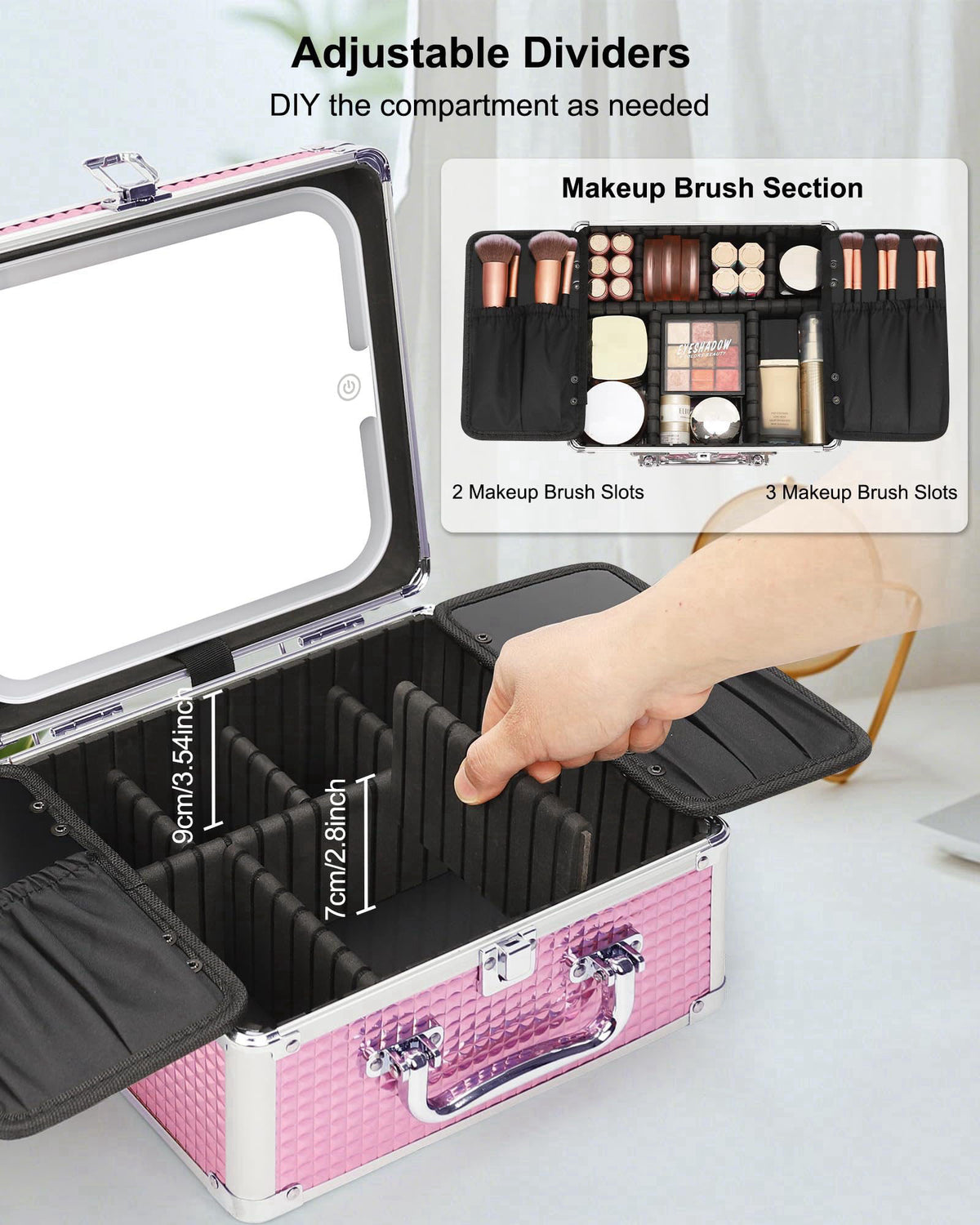 Relavel Makeup Bag with LED Mirror, Makeup Box Travel Train Case with Rechargeable Lighted Mirror, Cosmetic Brush Organi