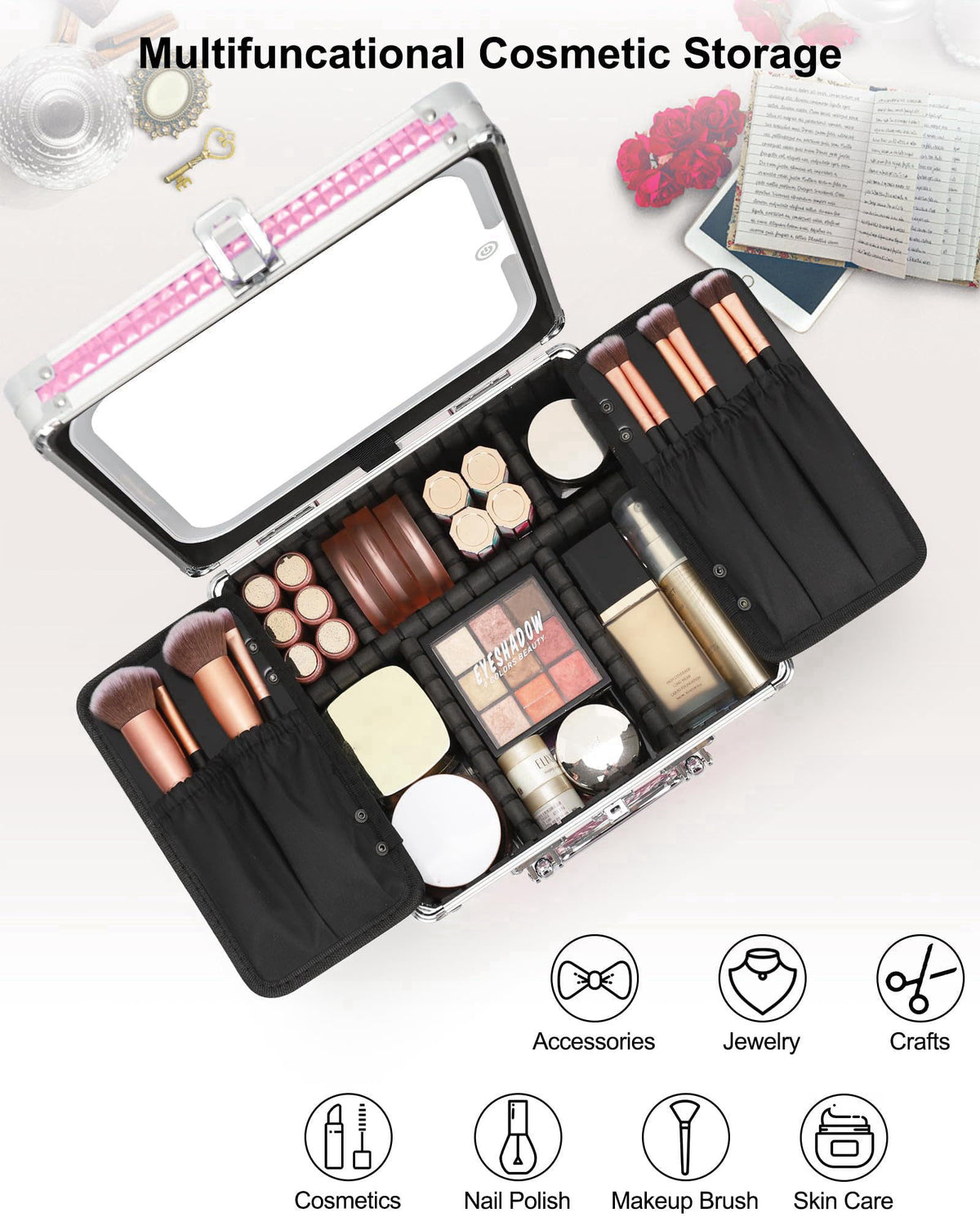 Relavel Makeup Bag with LED Mirror, Makeup Box Travel Train Case with Rechargeable Lighted Mirror, Cosmetic Brush Organi
