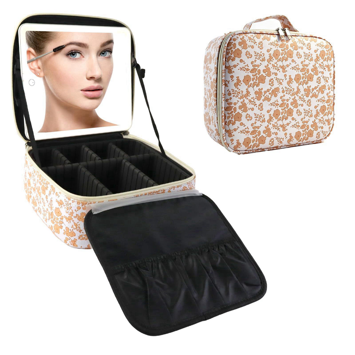 SLUMAZI Travel Makeup Bag with LED Mirror Toiletry Bag for women with 3 Lighted Settings, Adjustable Dividers and Makeup