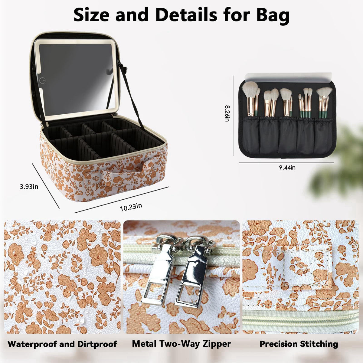 SLUMAZI Travel Makeup Bag with LED Mirror Toiletry Bag for women with 3 Lighted Settings, Adjustable Dividers and Makeup