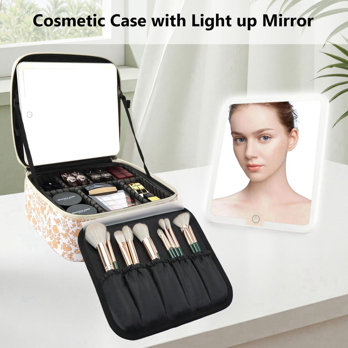 SLUMAZI Travel Makeup Bag with LED Mirror Toiletry Bag for women with 3 Lighted Settings, Adjustable Dividers and Makeup