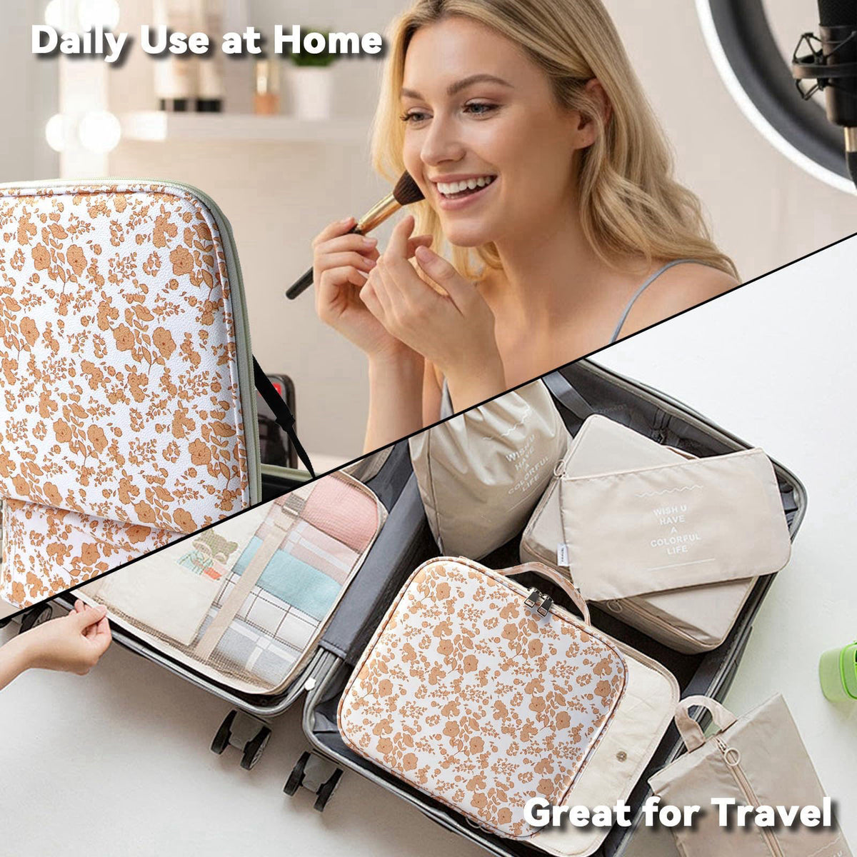 SLUMAZI Travel Makeup Bag with LED Mirror Toiletry Bag for women with 3 Lighted Settings, Adjustable Dividers and Makeup