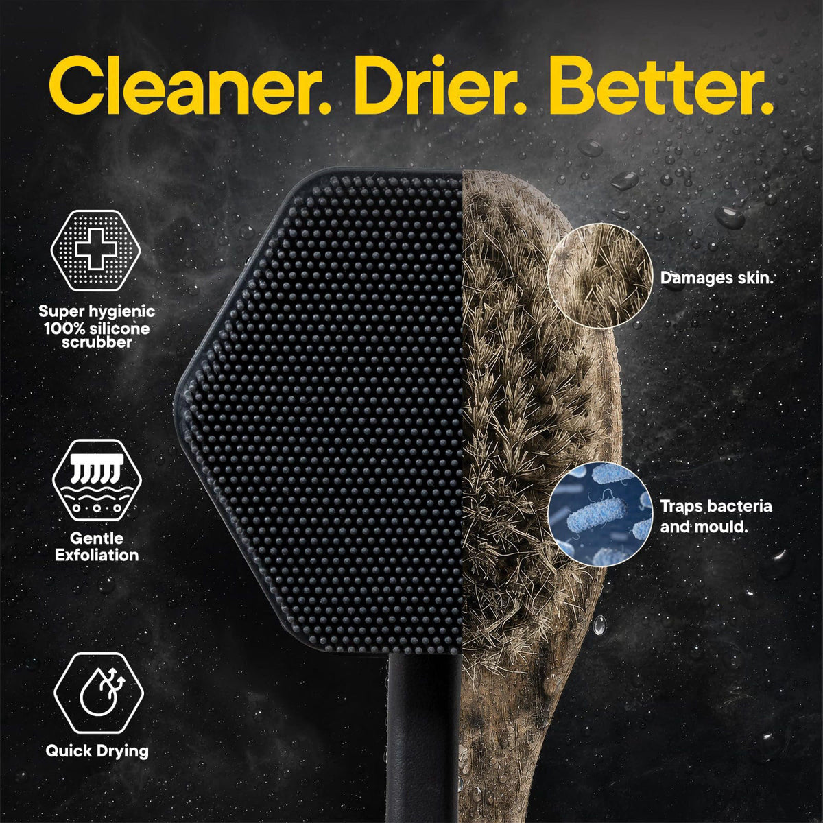 TOOLETRIES Silicone Back Scrubber for Shower, Body Brush - Charcoal – back view and specifications