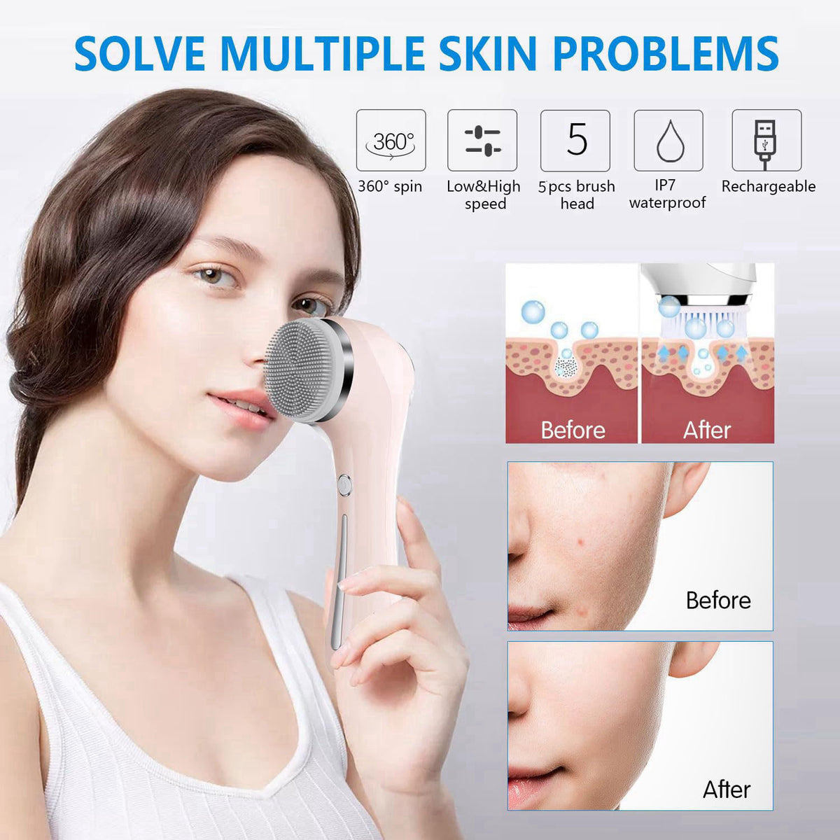 HOERCAAL Facial Cleansing Brush, 2-in-1 Waterproof IPX7 Spin Scrubber, 4 Heads – full view