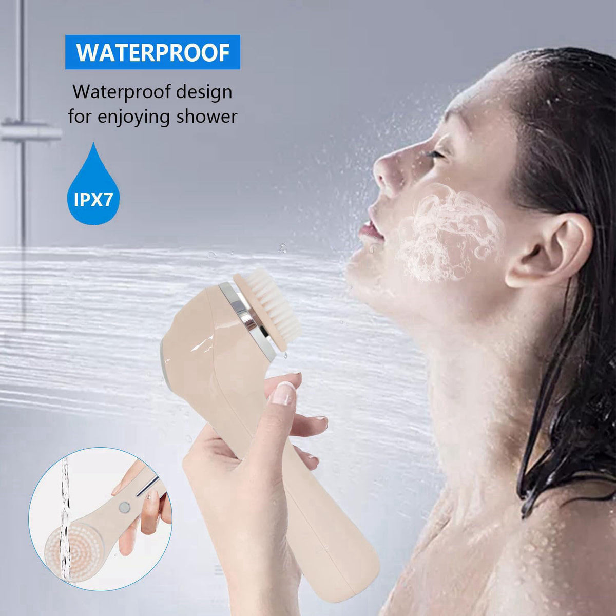 HOERCAAL Facial Cleansing Brush, 2-in-1 Waterproof IPX7 Spin Scrubber, 4 Heads – back view and specifications