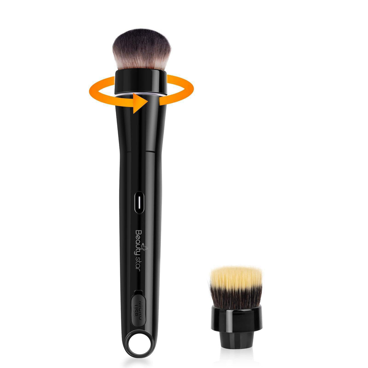 Beauty Star 360° Electric Makeup Brush with 2 Replaceable Brush Heads, 2 Adjustable Speeds, Fast and Even Makeup Applica