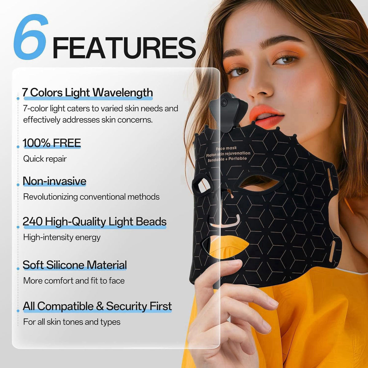Facego Red Light Mask for Face - 7 Colors Cordless Silicone Face Mask, Facial Mask Skincare at Home, Skin Care Mask Suit