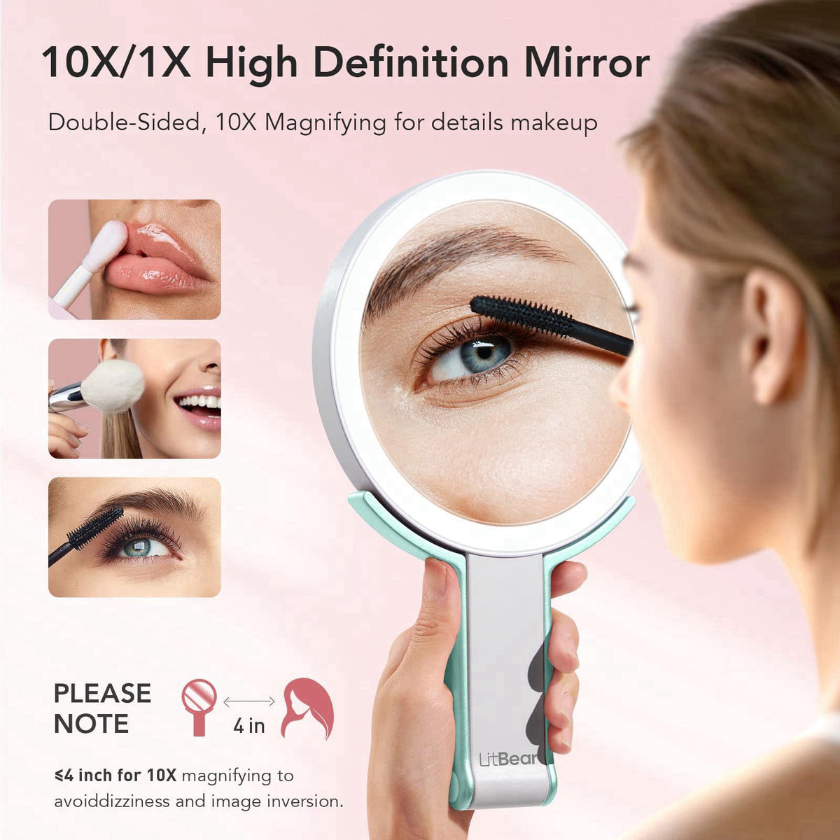 LitBear Travel Makeup Mirror with Light, Rechargeable Double-Sided 10X/1X Magnifying Mirror, Portable Lighted Beauty Mir