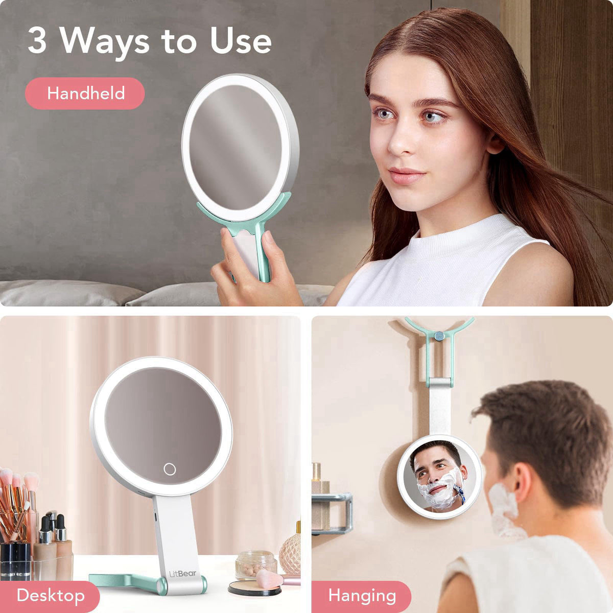 LitBear Travel Makeup Mirror with Light, Rechargeable Double-Sided 10X/1X Magnifying Mirror, Portable Lighted Beauty Mir