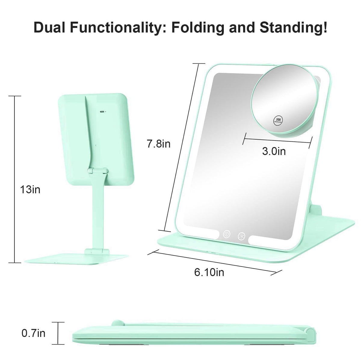 Gospire Travel Makeup Mirror with 3 Lights and Magnification 10X, Green – alternate angle