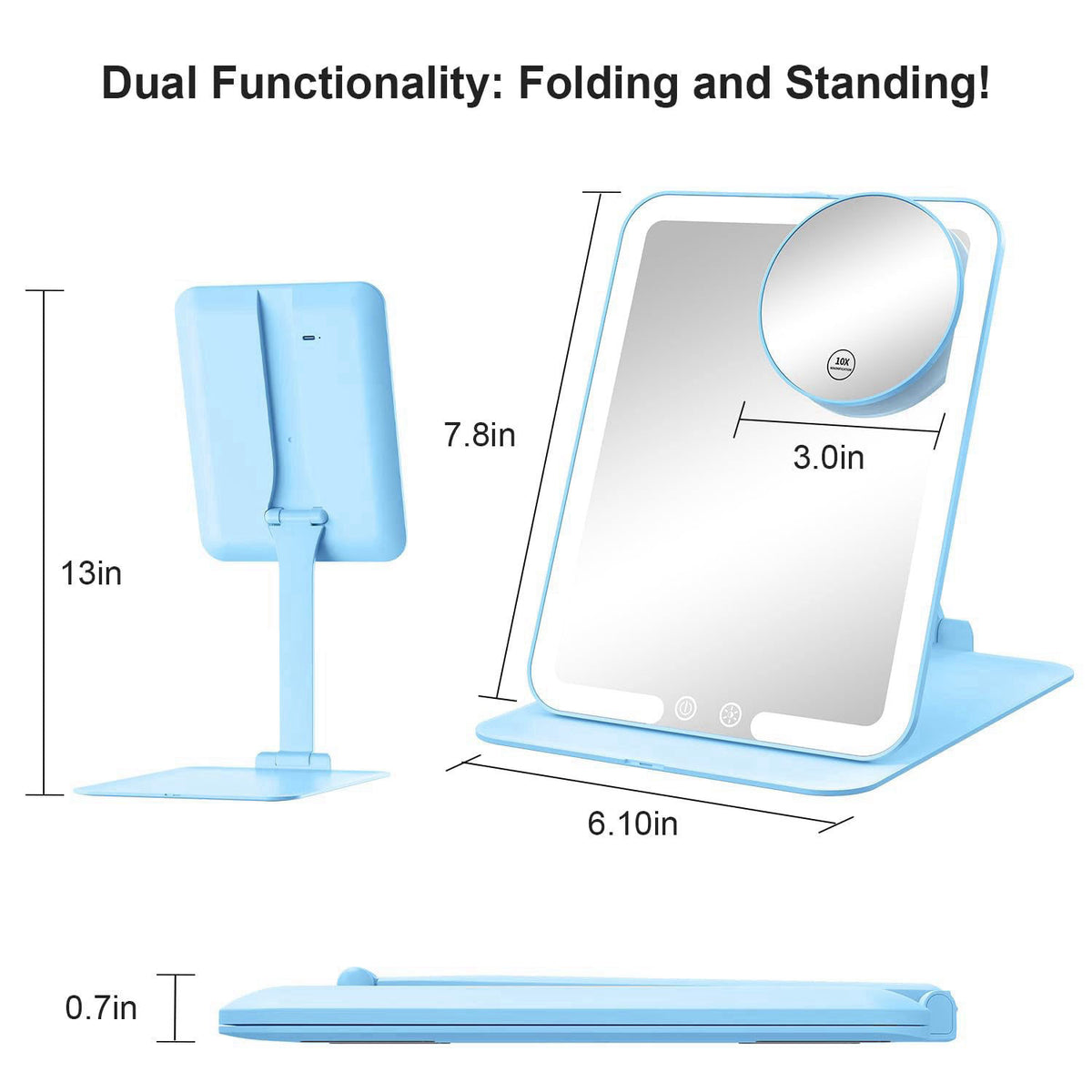 Gospire Travel Makeup Mirror with 3 Lights and Magnification 10X, Blue – alternate angle