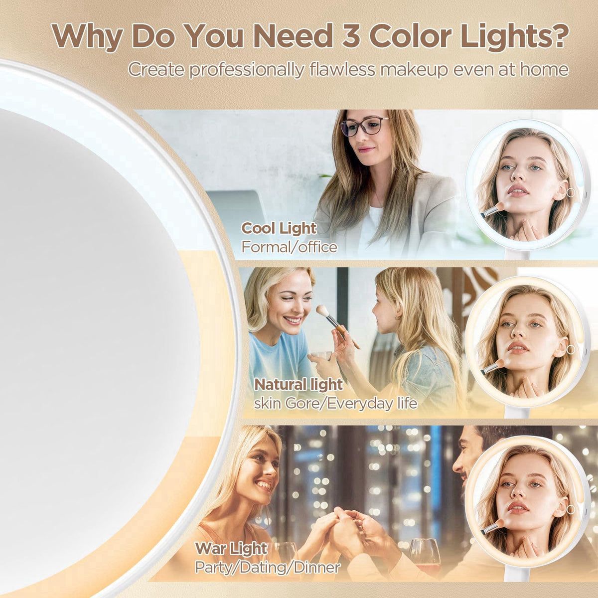 SANYCASA Travel Makeup Mirror with Lights 10X/1X, Rechargeable Magnifying Mirror – full view