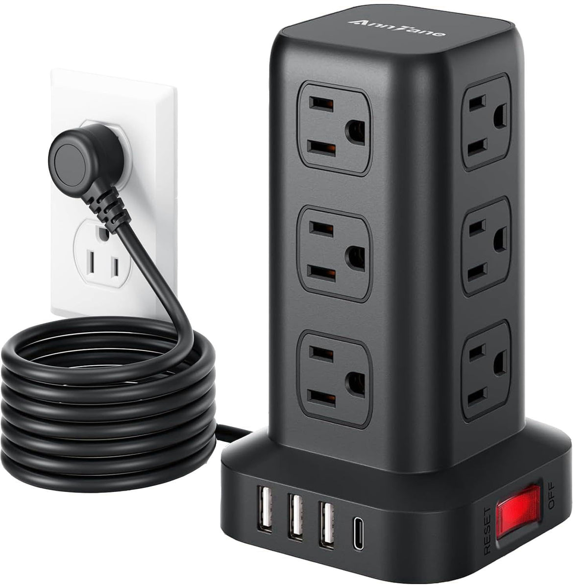 AnnTane Power Strip 6.5 FT Cord, Power Strip Tower with 4 USB Ports (1USB C), Extension Cord with 12 AC Multiple Outlets