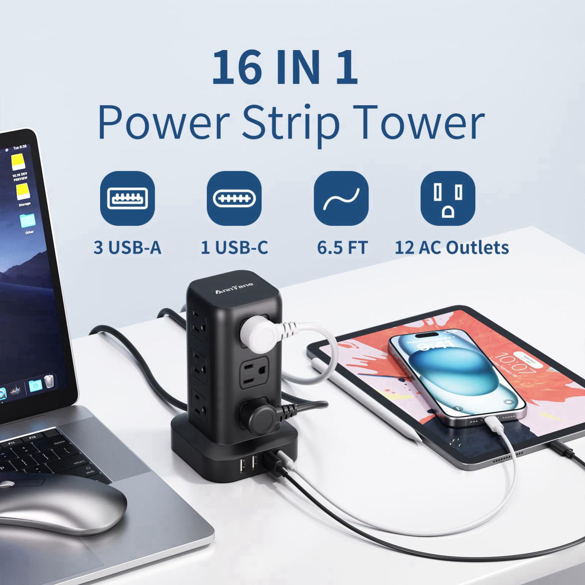 AnnTane Power Strip 6.5 FT Cord, Power Strip Tower with 4 USB Ports (1USB C), Extension Cord with 12 AC Multiple Outlets